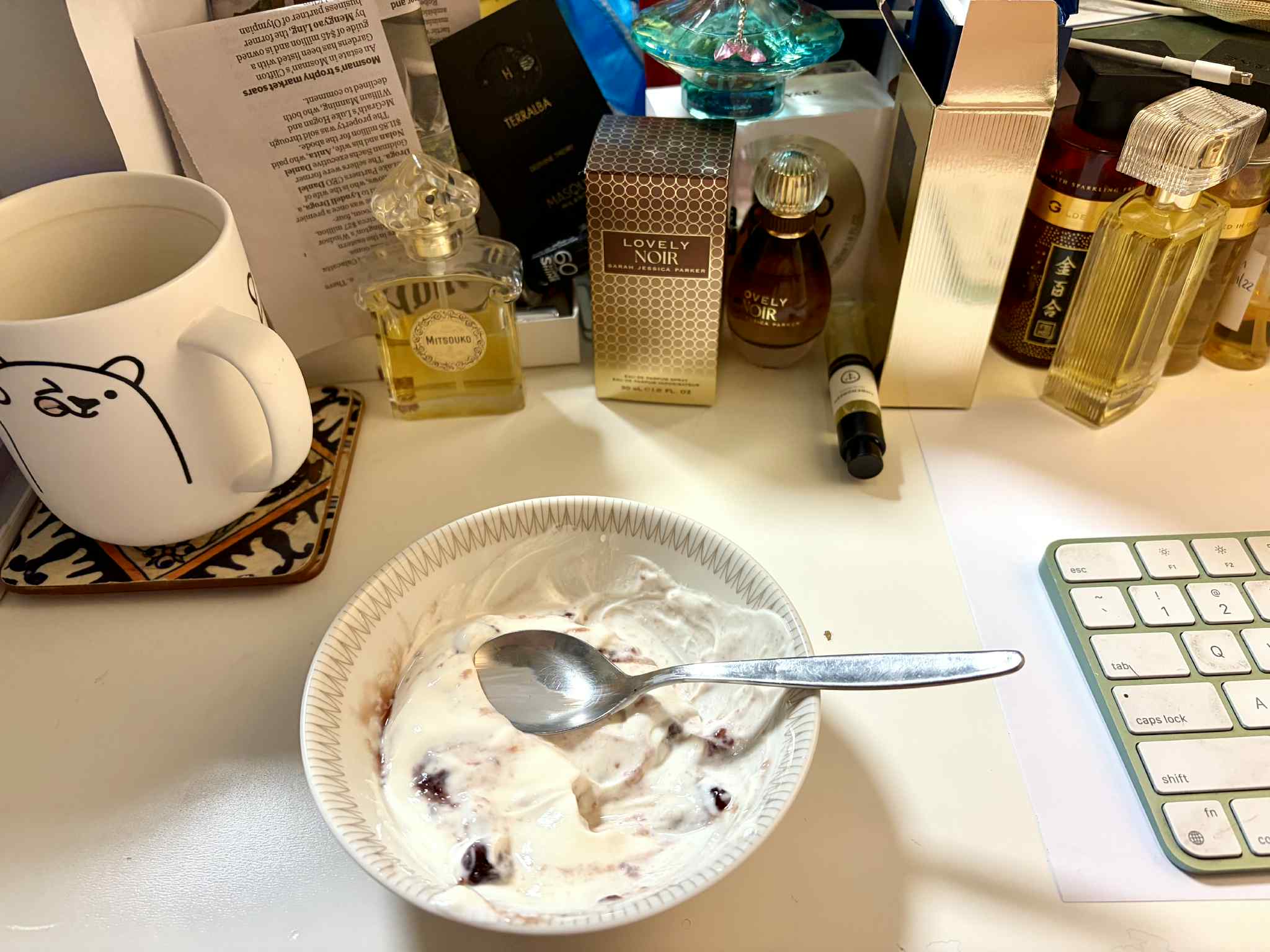 Greek yoghurt and sour cherries, messy desktop Feb26 Scent Diary Greek yoghurt and sour cherries, messy desktop Feb26 Scent Diary